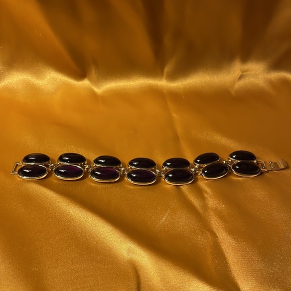 Gold colored bracelet with 2 strands of oval purple jewels-FINAL MARKDOWN - Picture 5 of 7